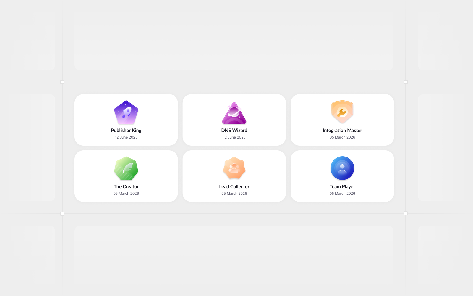 Achievements grid showing six gamified badges: Publisher King, DNS Wizard, Integration Master, The Creator, Lead Collector, and Team Player, each with a colorful 3D icon, title, and unlock date.