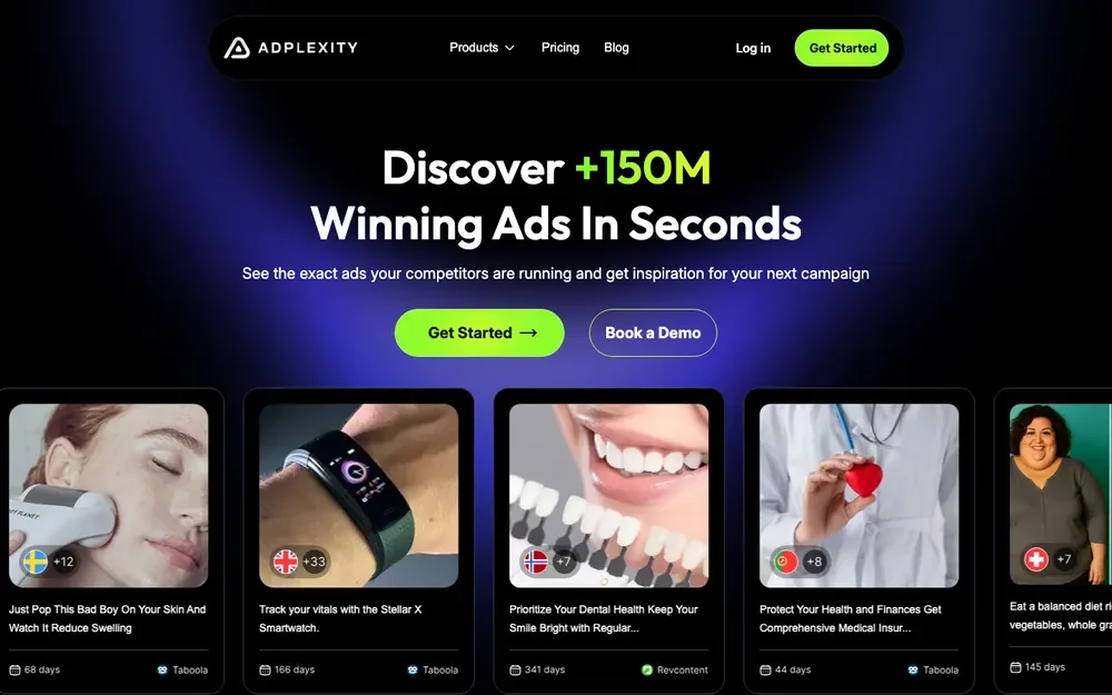 The AdPlexity hero: "Discover +150M winning ads in seconds" over a row of real ads