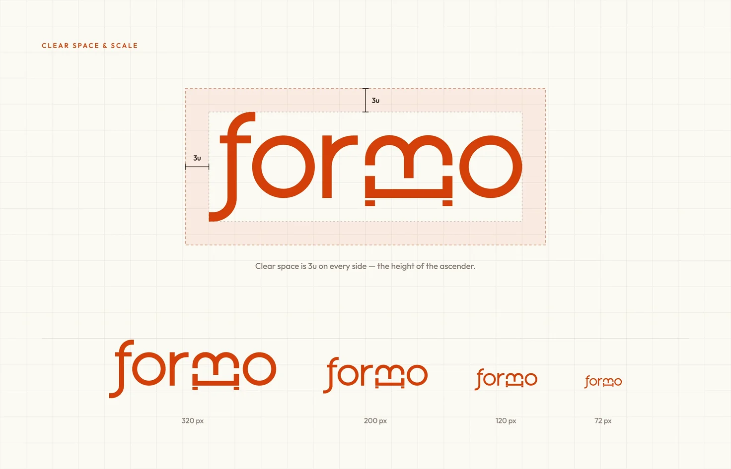 Formo clear space of 3u on every side, and the wordmark at 320, 200, 120 and 72 px