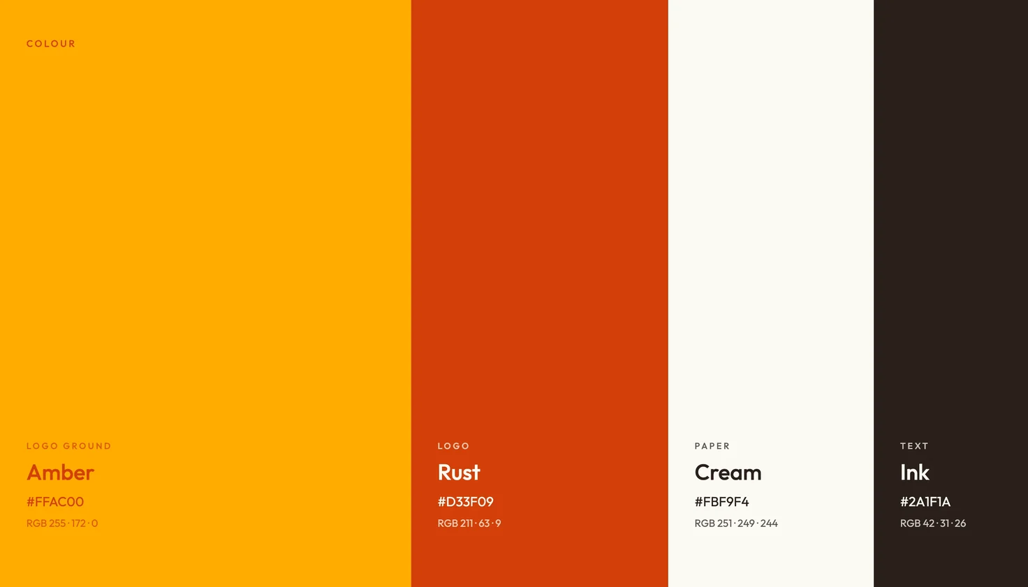 The Formo palette: amber, rust, cream and ink with their hex and RGB values
