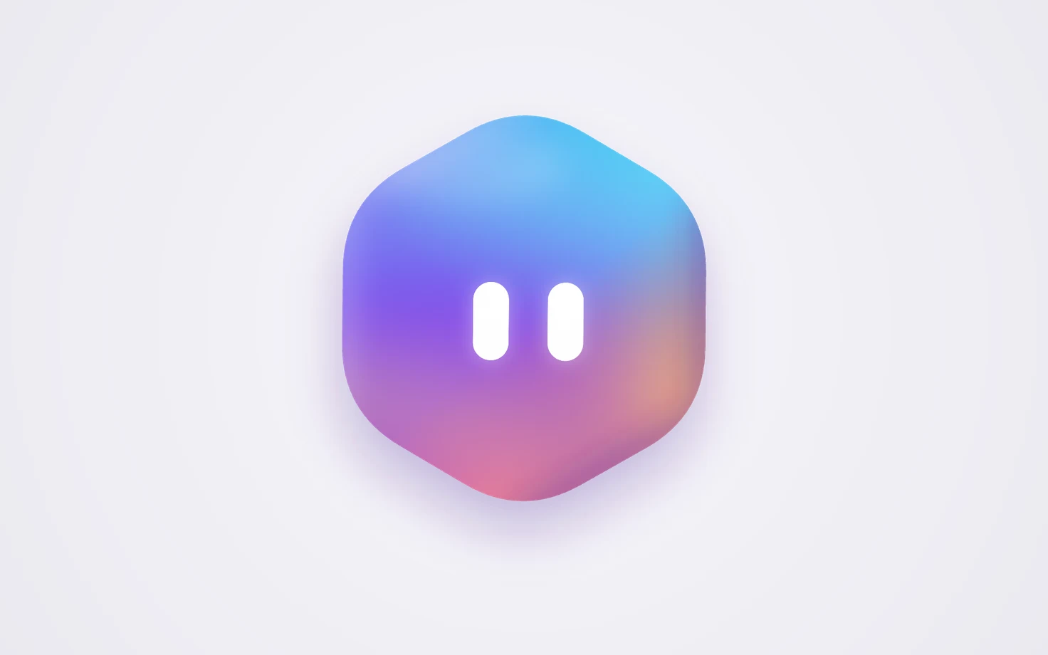 The Optimizer AI mascot: a glass hexagon in blue, violet and pink, with two white eyes