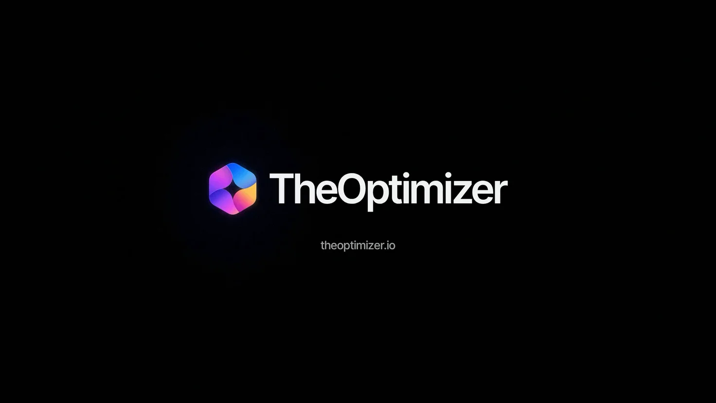 The end card: the ribbon-star mark next to the TheOptimizer wordmark, with theoptimizer.io below