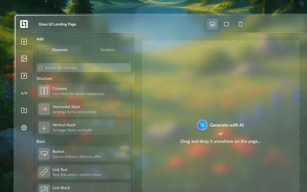 Blank Canvas · generate with AI: The empty canvas invites a prompt or a drag-and-drop section.