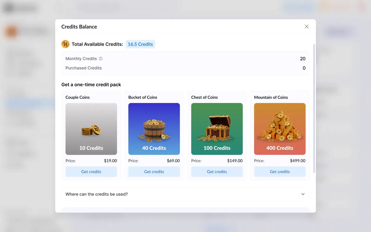 Coin Packs · one-time AI credits: Buying AI credits as playful coin bundles instead of a spreadsheet.