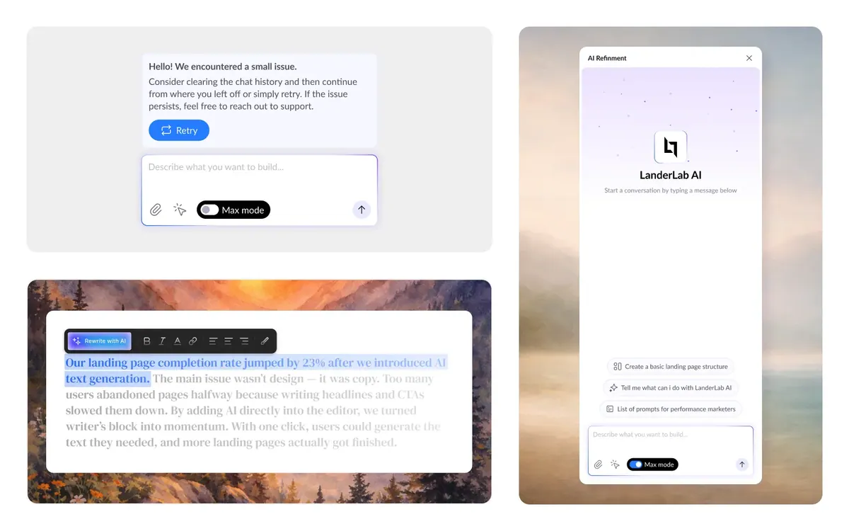 Copilot · AI chat assistant: Light and dark chat surfaces with model picker and file attachments.