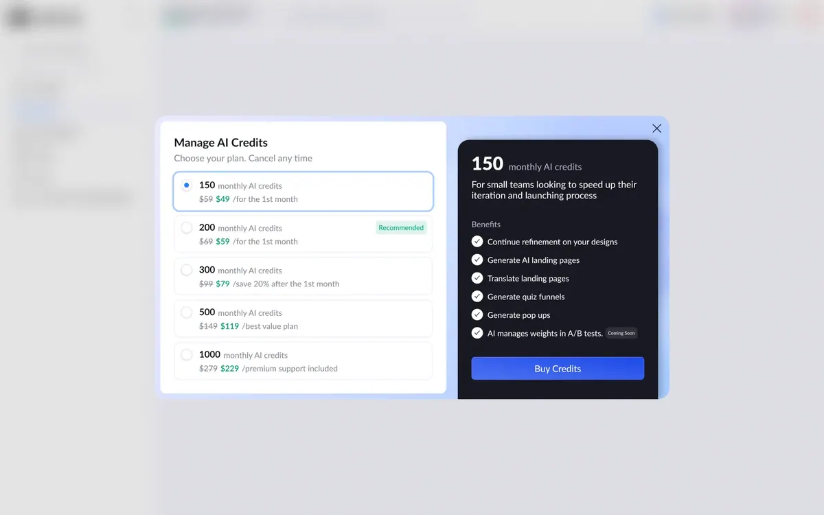 Credit Ledger · AI usage: Usage breakdown per action and a clear top-up path.