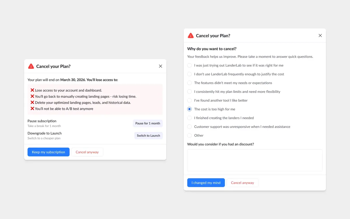 Exit Interview · cancellation flow: A respectful exit survey that surfaces what would make people stay.