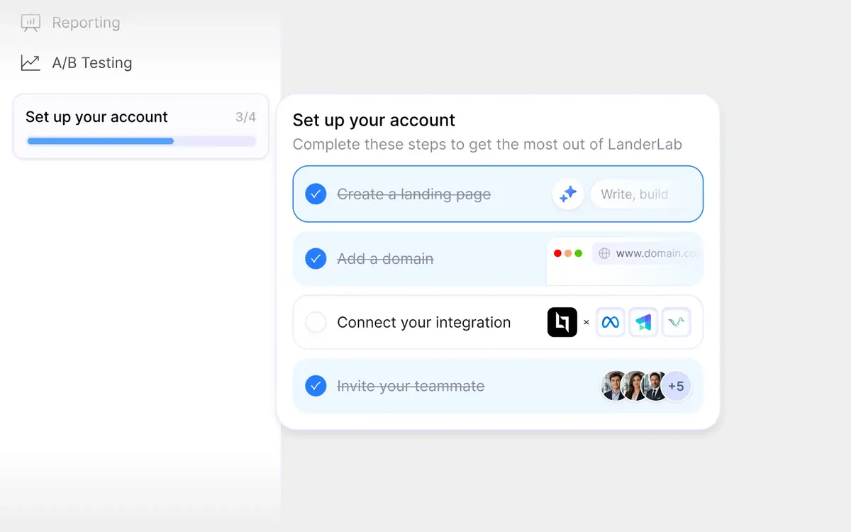 First Five Minutes · onboarding checklist: Four steps from first page to first integration, with progress.