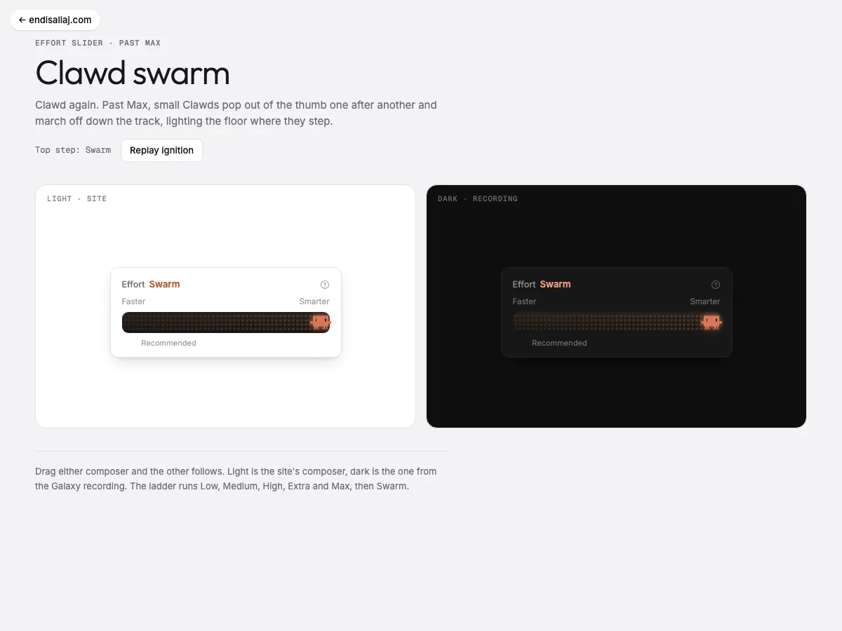 Clawd Swarm Slider · effort slider past Max: Past Max small Clawds pop out of the thumb one after another and march off down the track, lighting the floor where they step.