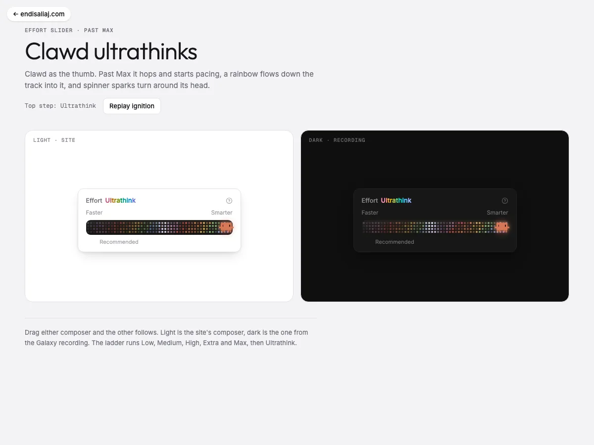 Clawd Ultrathink Slider · effort slider past Max: Past Max Clawd hops, starts pacing, a rainbow flows down the track into it and spinner sparks turn around its head.