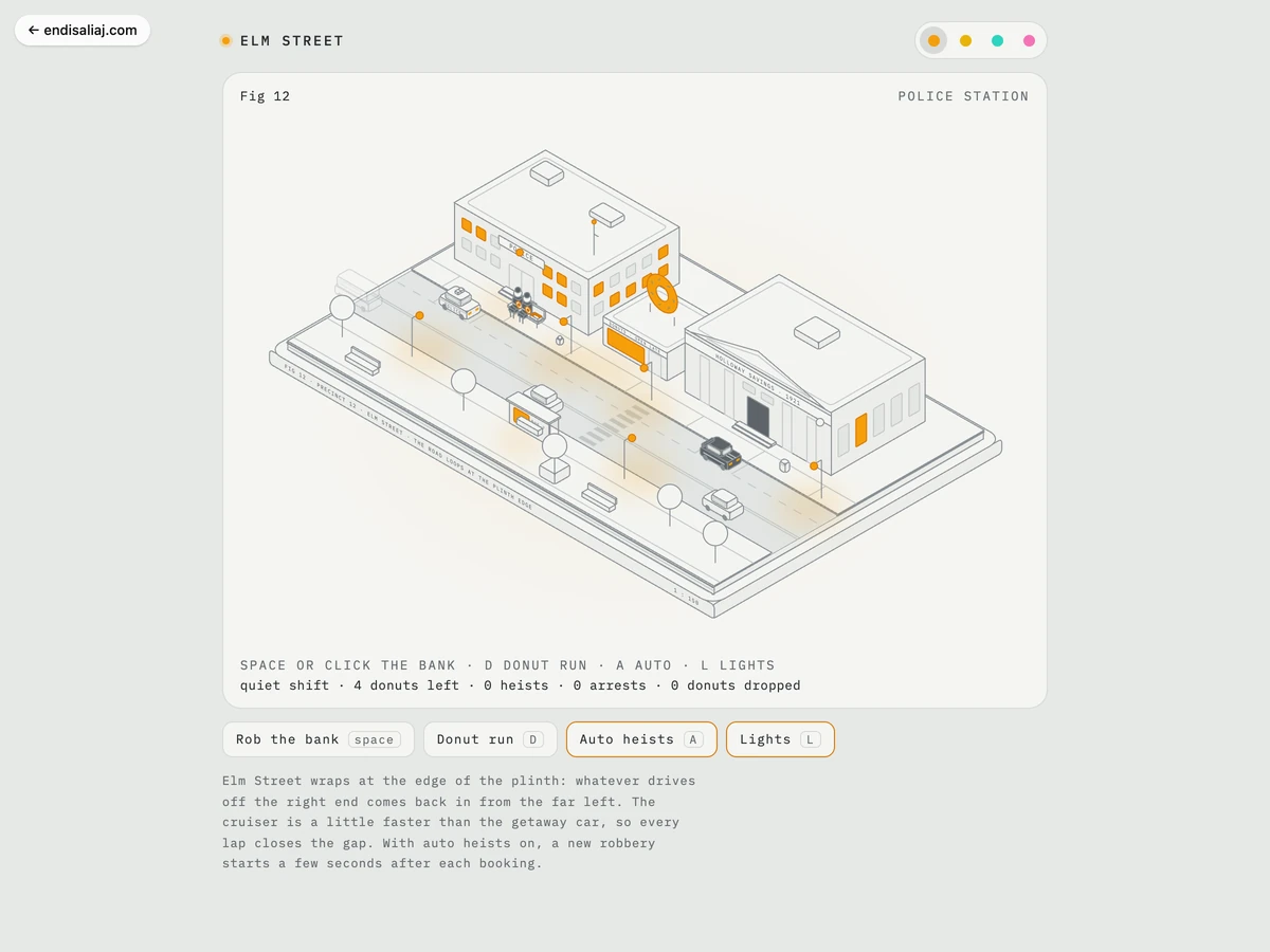 Donut Patrol · isometric figure: Rob the bank and watch two officers drop their donuts and chase the getaway car around a looping street.