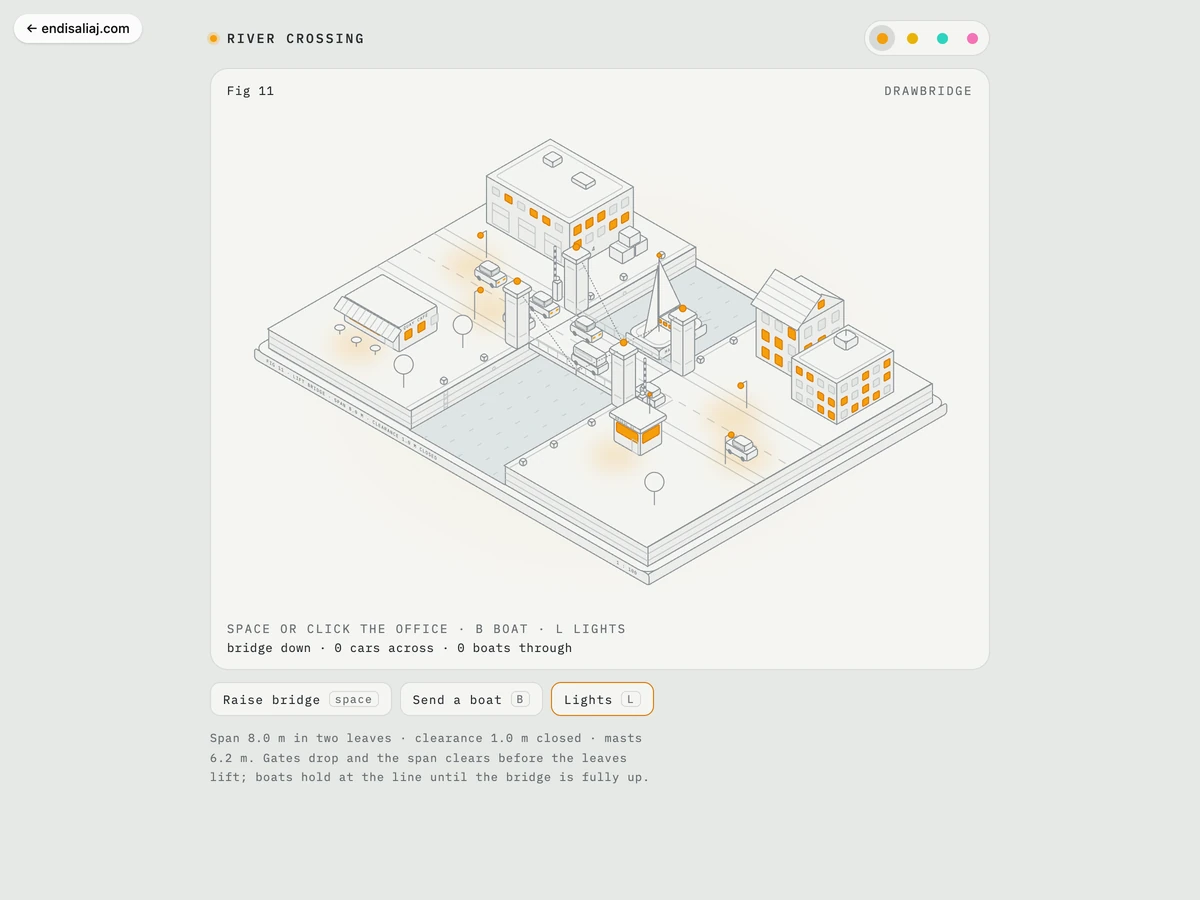 Dusk Drawbridge · isometric figure: Raise the bridge, send boats through and switch the lamp colour on a living isometric canal crossing.