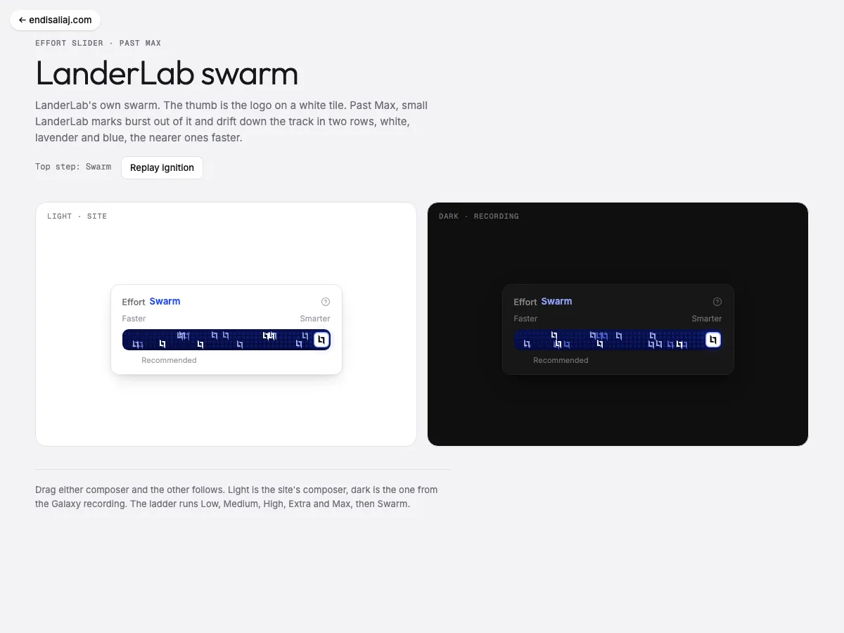 LanderLab Swarm Slider · effort slider past Max: Past Max small LanderLab marks burst out of the logo tile and drift down the track in two rows, the nearer ones faster.