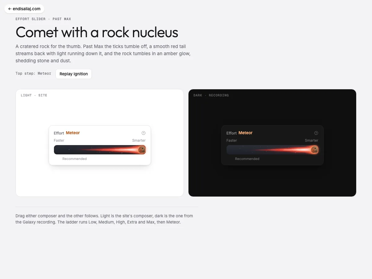 Rock Comet Slider · effort slider past Max: Past Max the thumb becomes a cratered rock that tumbles in an amber glow and streams a red tail back down the track.