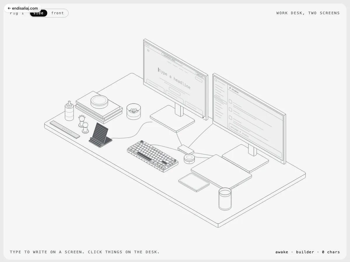 Work Desk · isometric figure: Type on your own keyboard to write a headline on one screen and chat on the other, then take a sip from the glass.