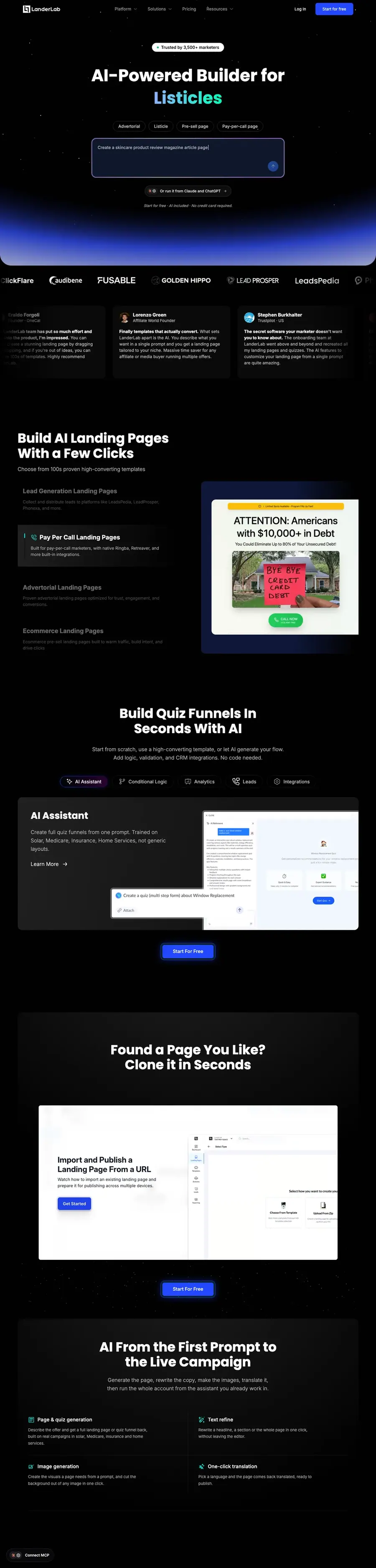 LanderLab.io · marketing site: Hero and product story for the AI-powered funnel builder.