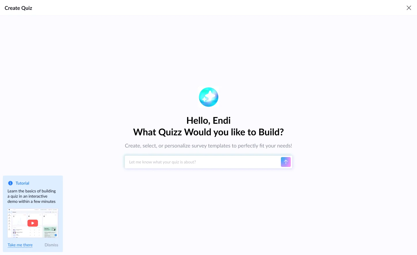 Create Quiz with AI: a greeting, one prompt box and a tutorial card in the corner