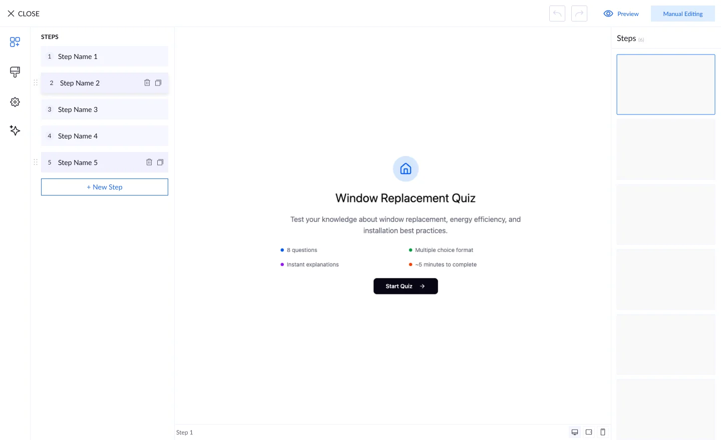 The quiz editor: the list of steps, the quiz start screen and the step previews