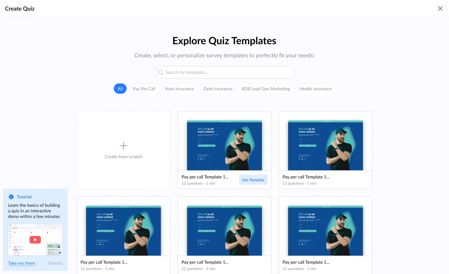 Explore Quiz Templates: verticals on the left, template cards with questions and time on the right
