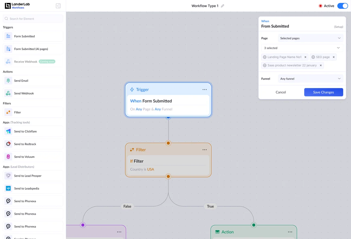 Workflows · LanderLab lead routing: A visual builder that sends each new lead to the right place, with no code.