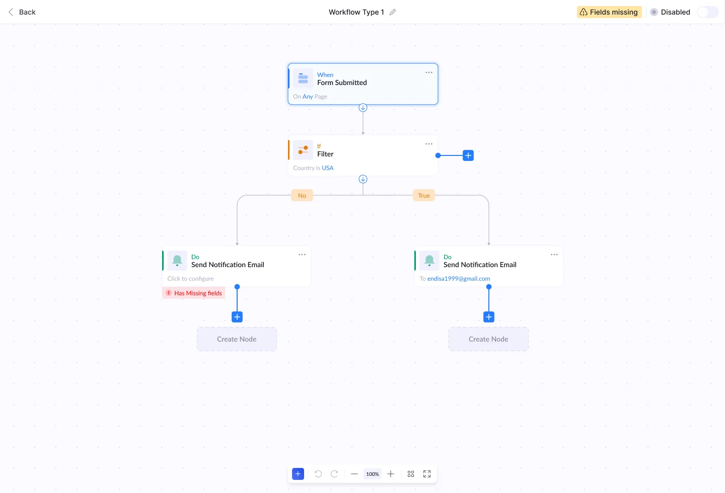 An early version: a filter splits into two email steps, one of them marked with missing fields