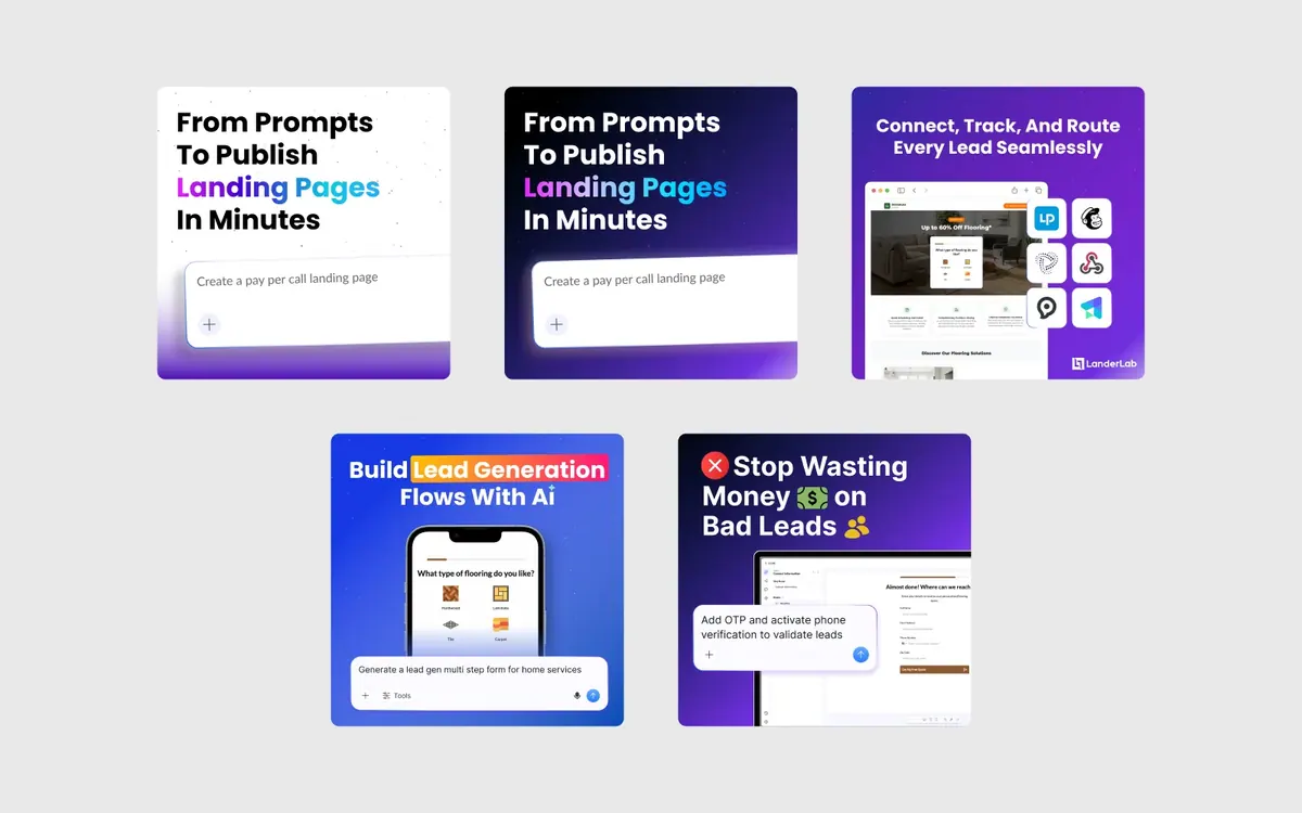 Prompt to Publish · paid social set: Paid-social set: “From prompts to publish landing pages in minutes”.