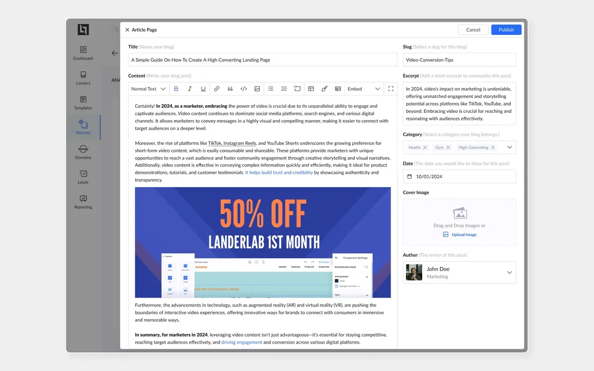 Rich Content · editor page: Rich-text editing with inline imagery and a promo block.