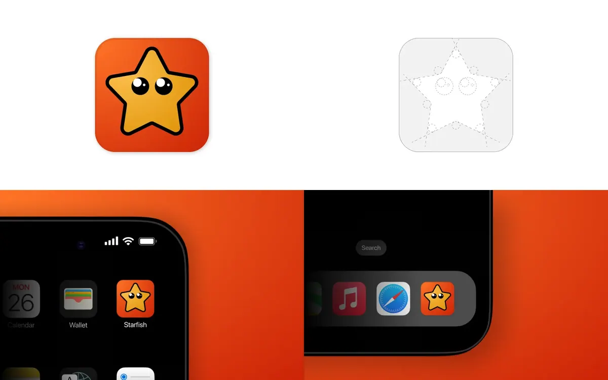 Starfish · app icon: A friendly mascot icon, from sketch to home screen.