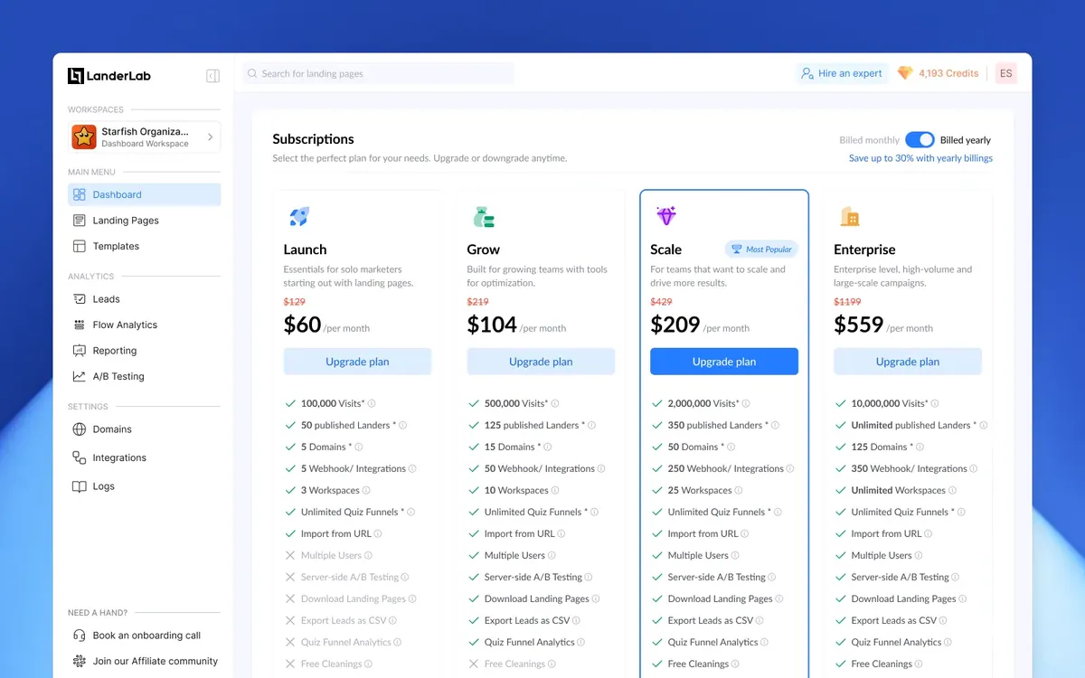 Tiers · subscription plans: Four tiers, monthly/yearly toggle and a feature matrix that stays scannable.