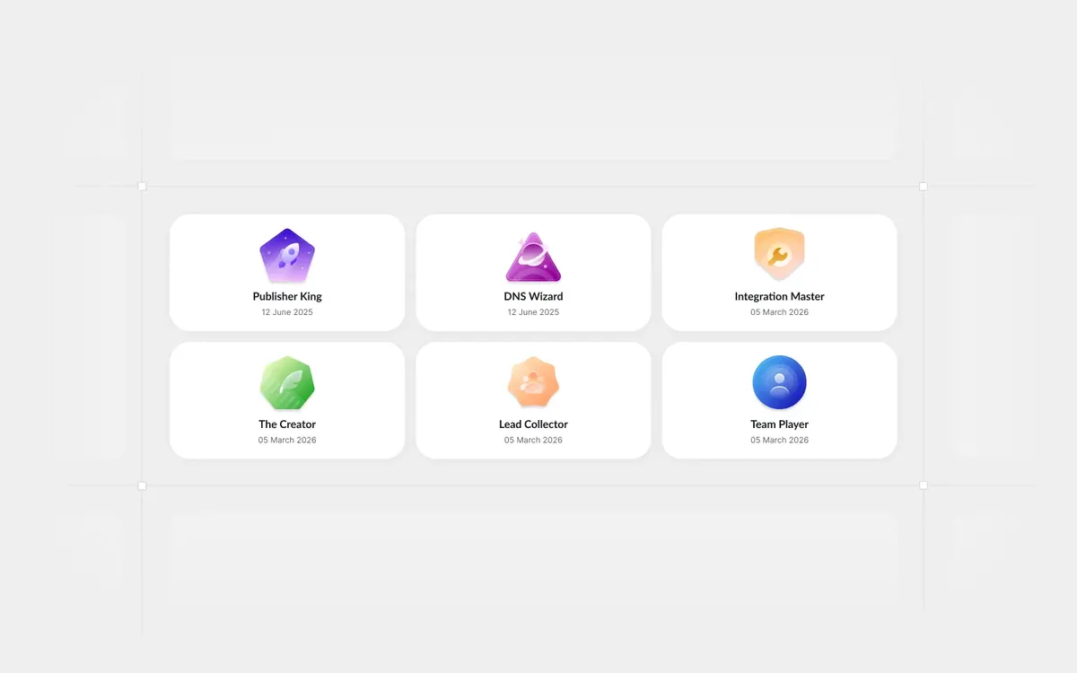 Trophy Case · achievement badges: Gamified badges, Publisher King, DNS Wizard, Integration Master…