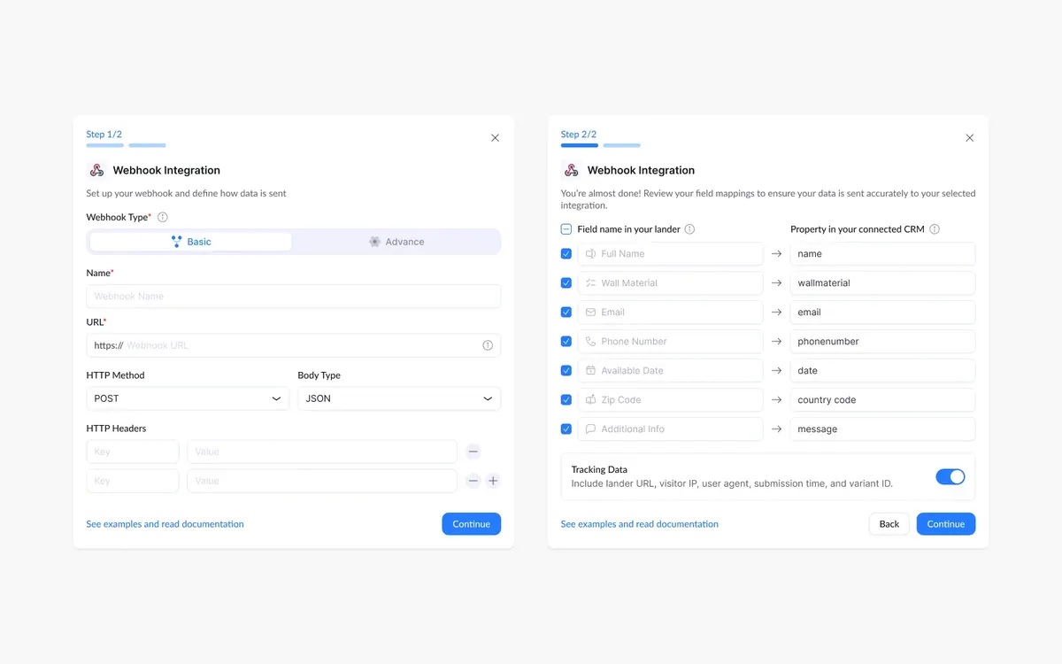 Webhook Setup · integration modal: Field mapping and payload settings without leaving the modal.