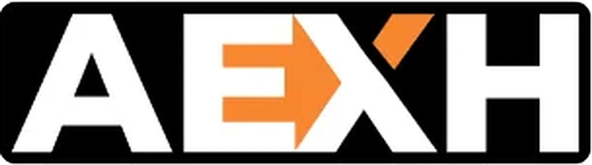 The AEXH wordmark: white letters in a black box, with an orange arrow in the E and an orange cut in the X